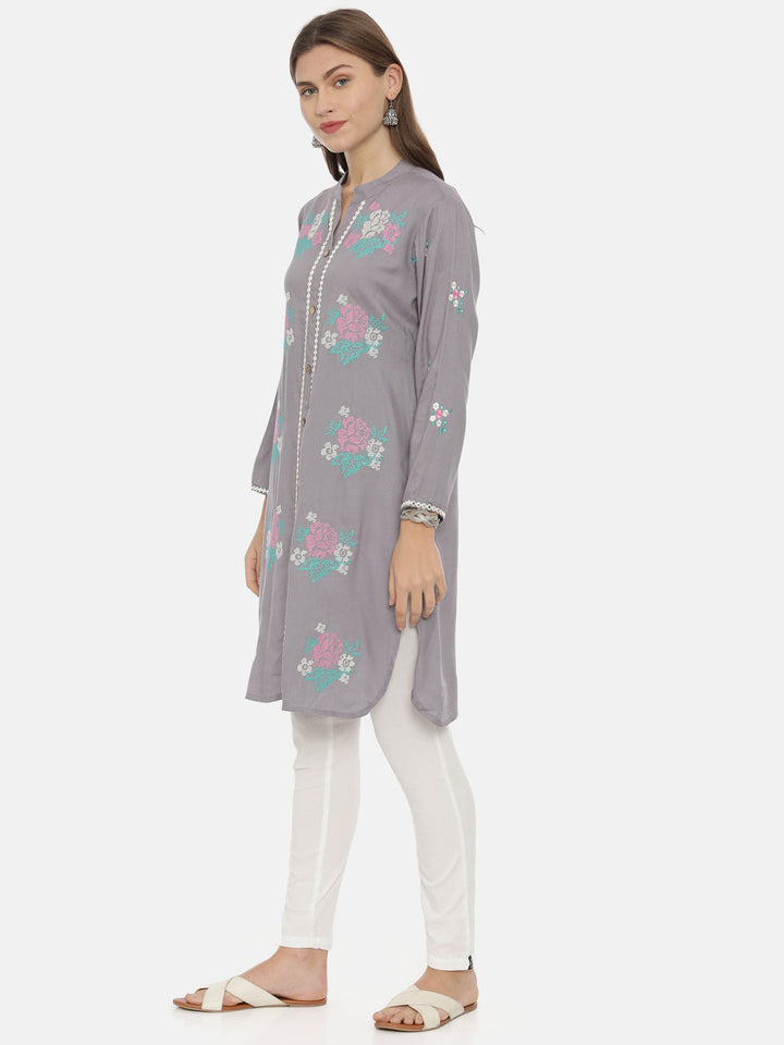 Neerus Grey cotton embroidered straight kurti - side view