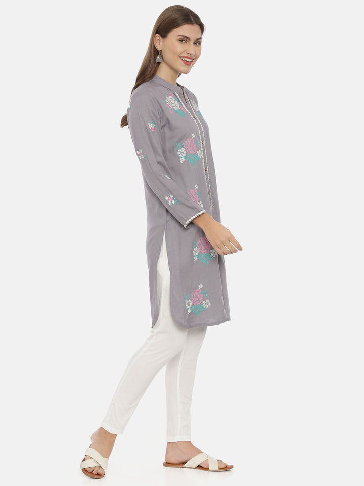 Neerus Grey cotton embroidered straight kurti - detail view 1