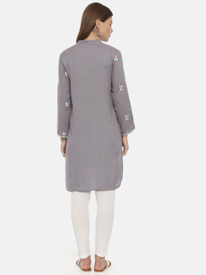 Neerus Grey cotton embroidered straight kurti - detail view 2