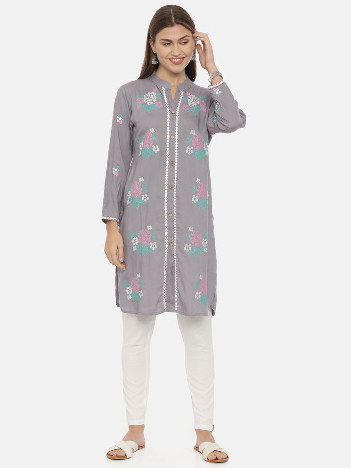Neerus Grey cotton embroidered straight kurti - detail view 3