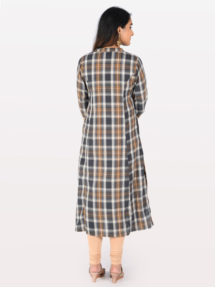 Neerus Grey cotton checked A-line kurta - detail view 1