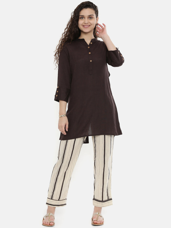 Neerus Brown straight kurti solid ethnic wear - front view