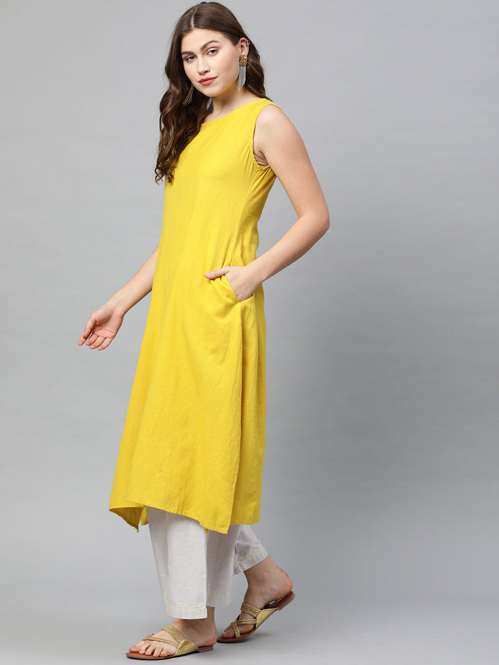 Neerus Yellow solid A-Line Kurti with shrug - detail view 1