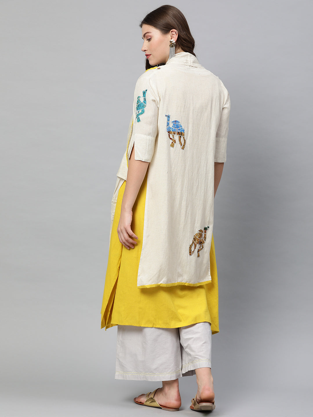 Neerus Yellow solid A-Line Kurti with shrug - detail view 2