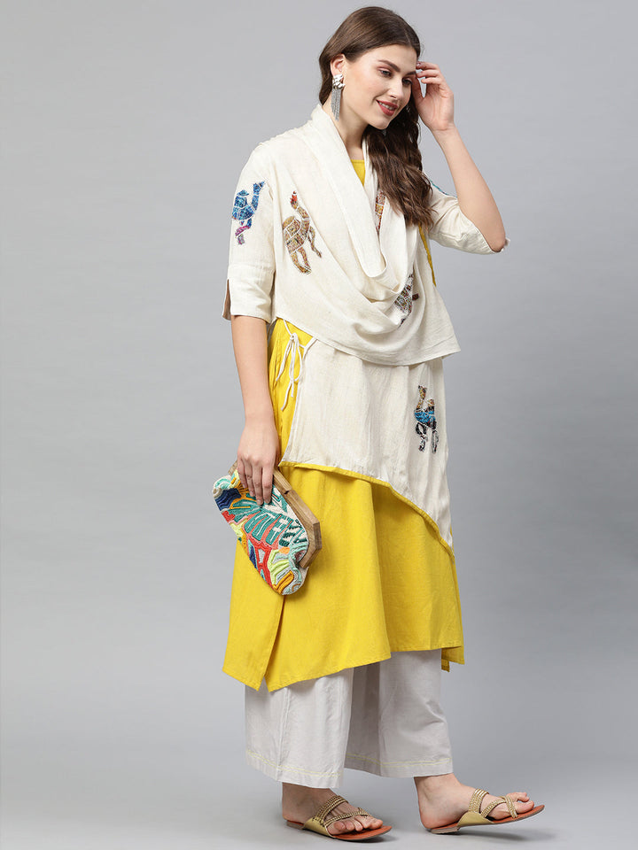 Neerus Yellow solid A-Line Kurti with shrug - detail view 3