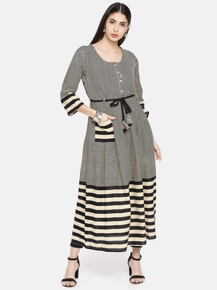Neerus Beige slub cotton striped A-line kurti - front view