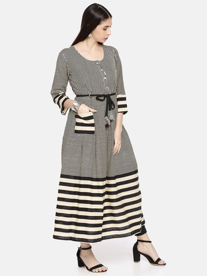 Neerus Beige slub cotton striped A-line kurti - side view