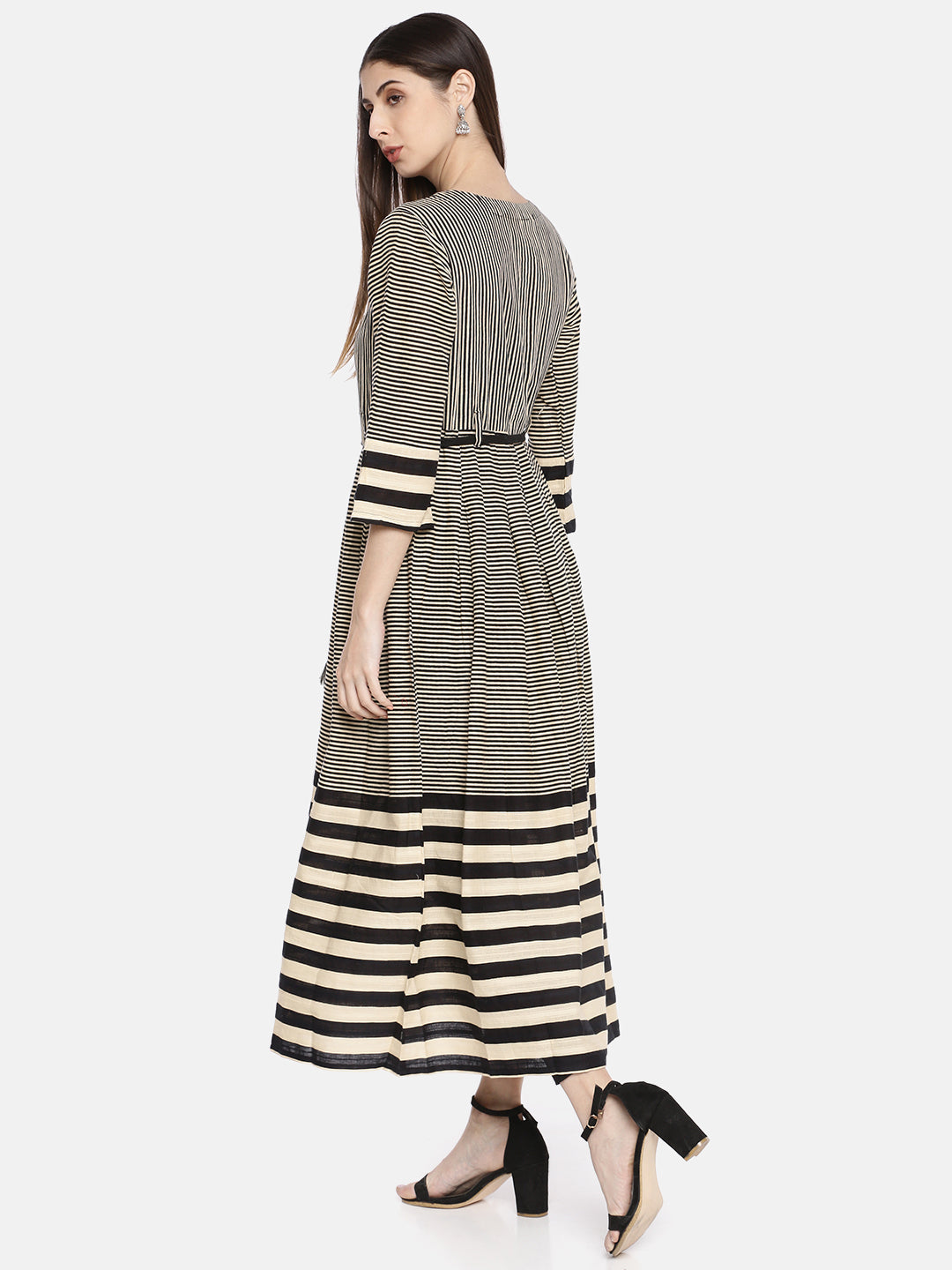 Neerus Beige slub cotton striped A-line kurti - detail view 1