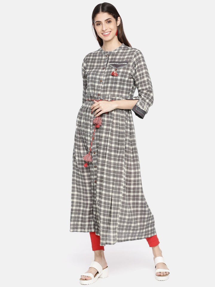 Neerus Grey cotton checked straight kurta - front view
