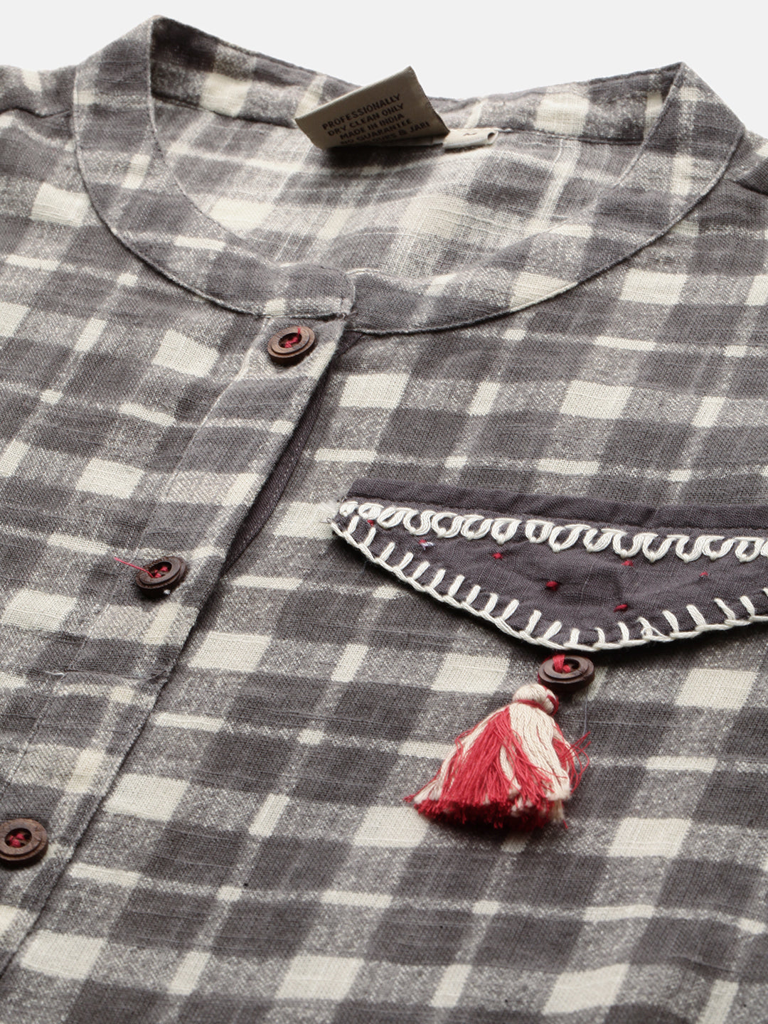 Neerus Grey cotton checked straight kurta - back view