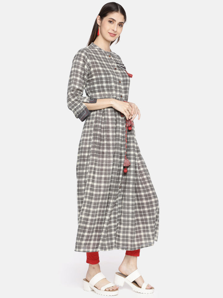 Neerus Grey cotton checked straight kurta - side view