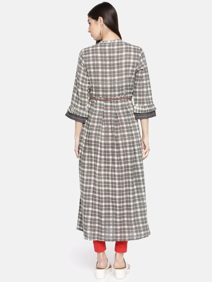 Neerus Grey cotton checked straight kurta - detail view 1