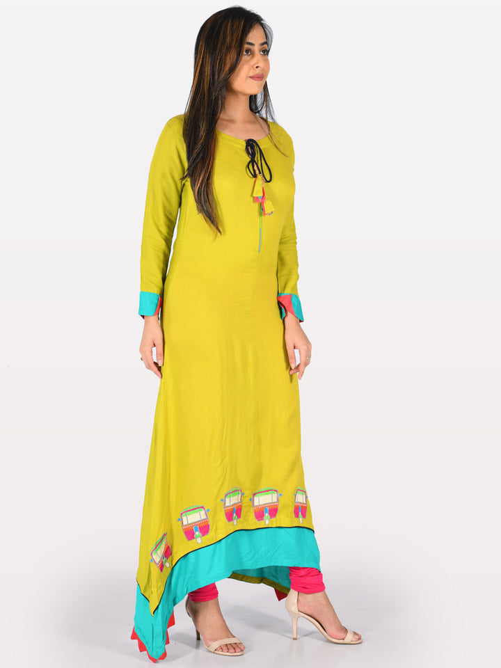 Neerus Green Rayon Embroidered High-Low Kurta - front view