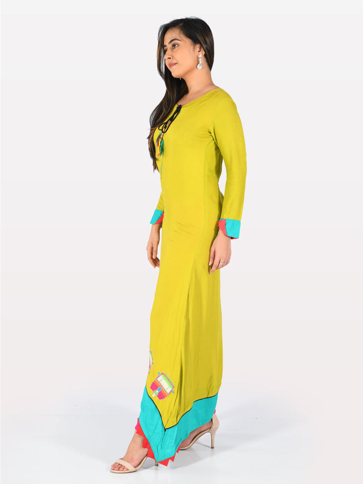 Neerus Green Rayon Embroidered High-Low Kurta - back view
