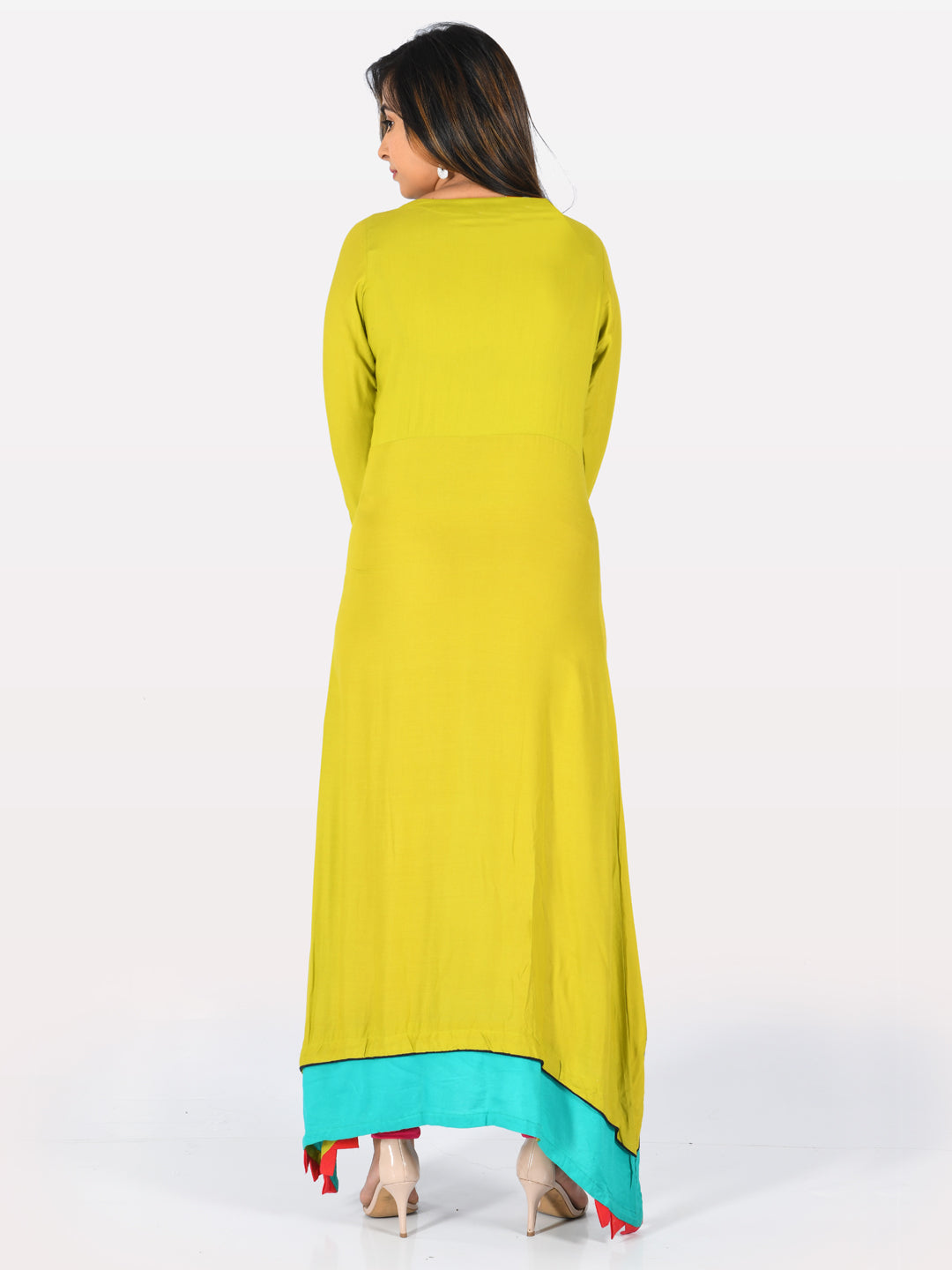 Neerus Green Rayon Embroidered High-Low Kurta - side view