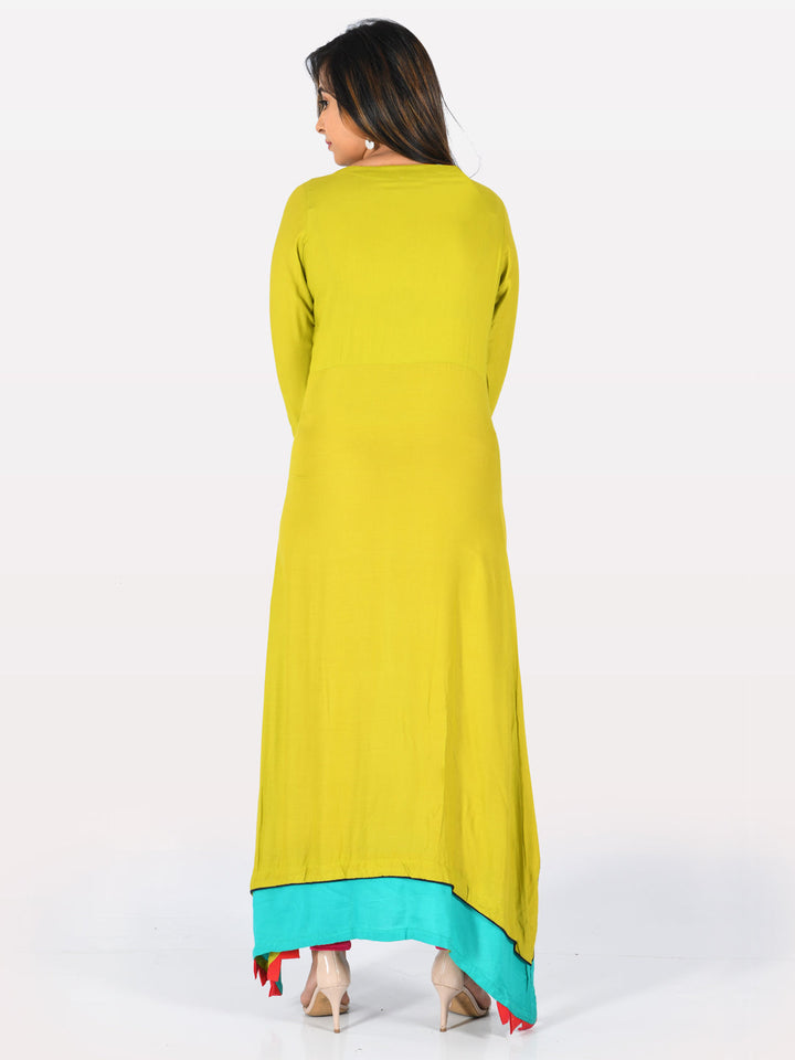 Neerus Green Rayon Embroidered High-Low Kurta - side view
