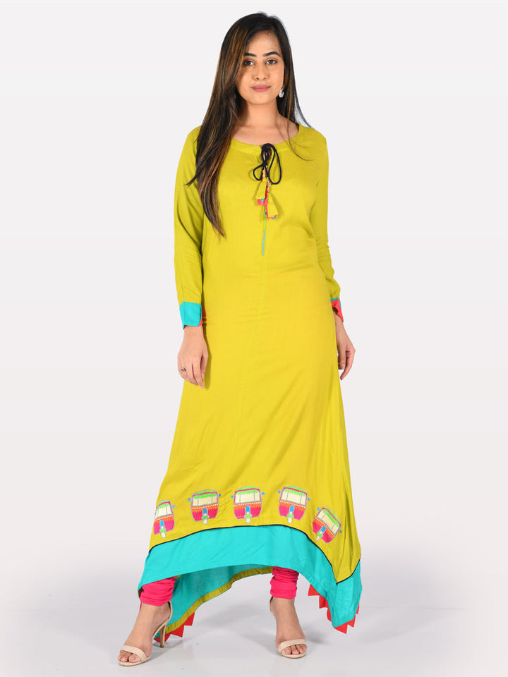 Neerus Green Rayon Embroidered High-Low Kurta - detail view 3