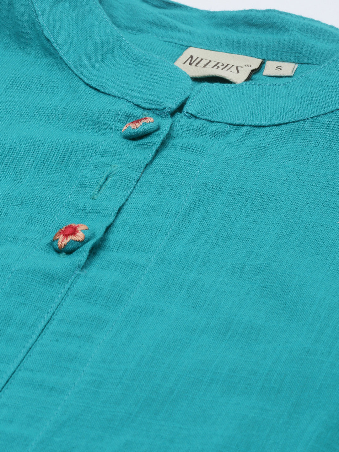 Neerus Green slub cotton straight kurti with scarf - side view