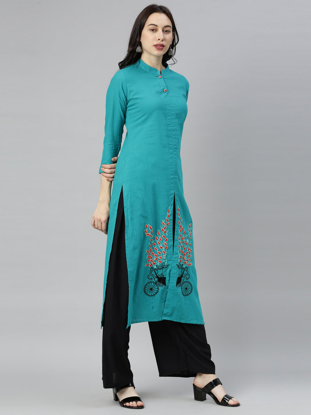 Neerus Green slub cotton straight kurti with scarf - detail view 3