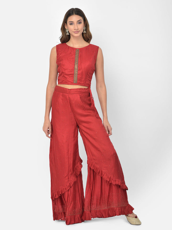 Neerus Maroon silk embellished co-ord set with jacket - side view