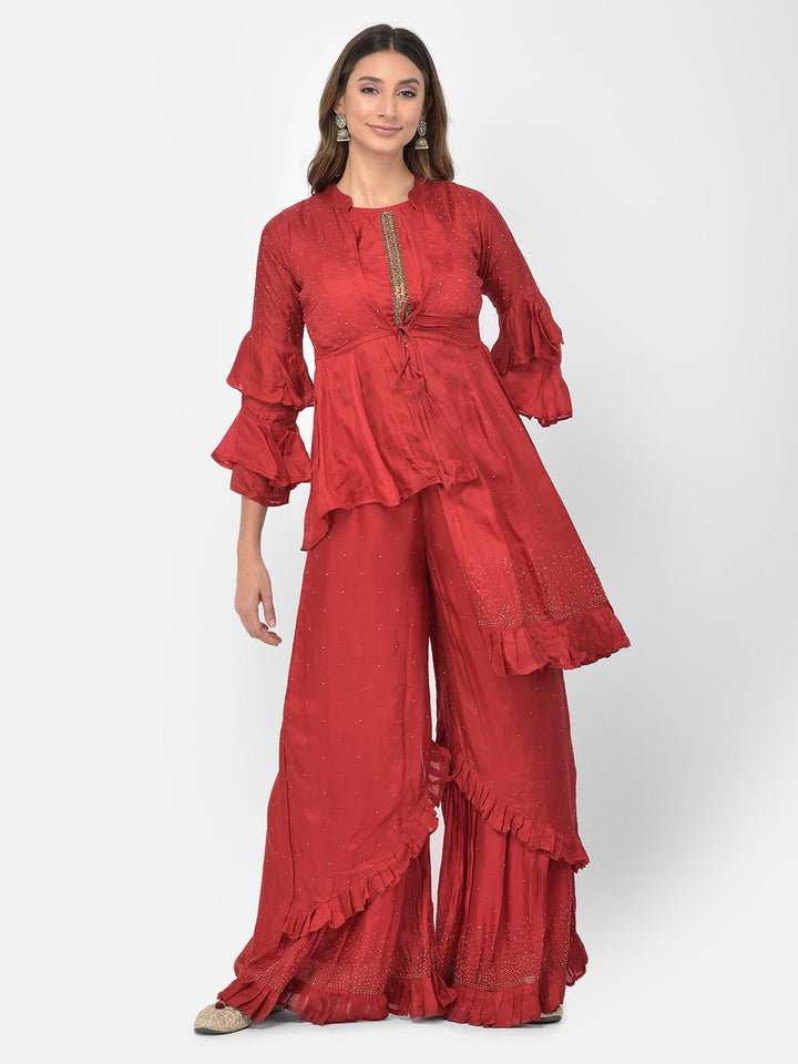 Neerus Maroon silk embellished co-ord set with jacket - front view