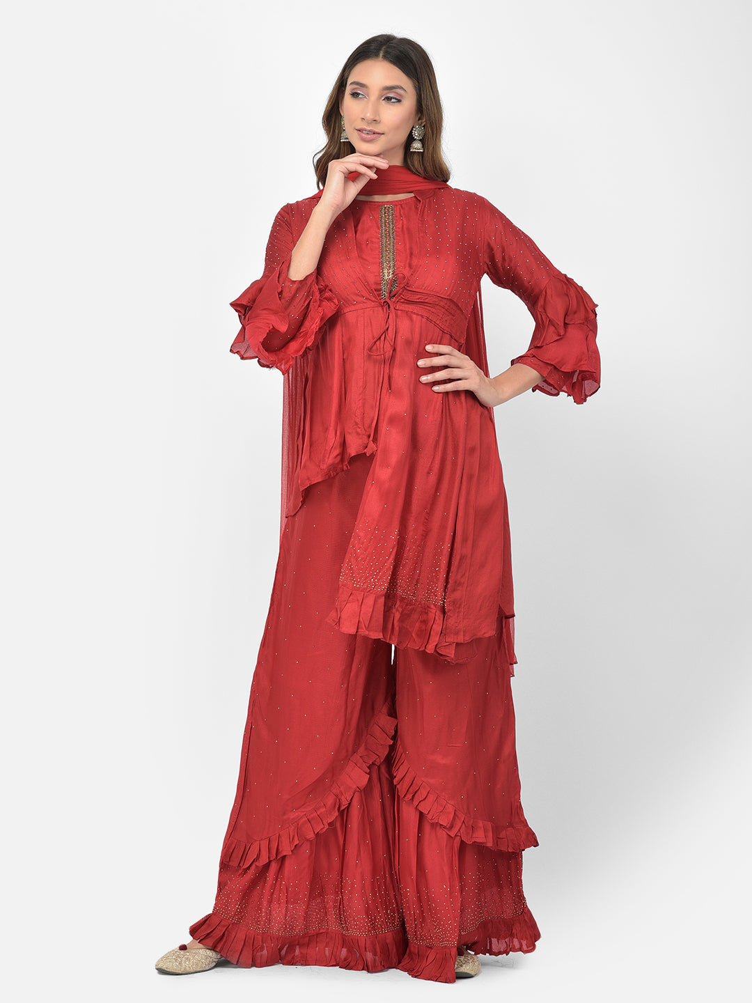 Neerus Maroon silk embellished co-ord set with jacket - detail view 7