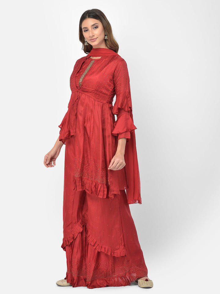 Neerus Maroon silk embellished co-ord set with jacket - detail view 1