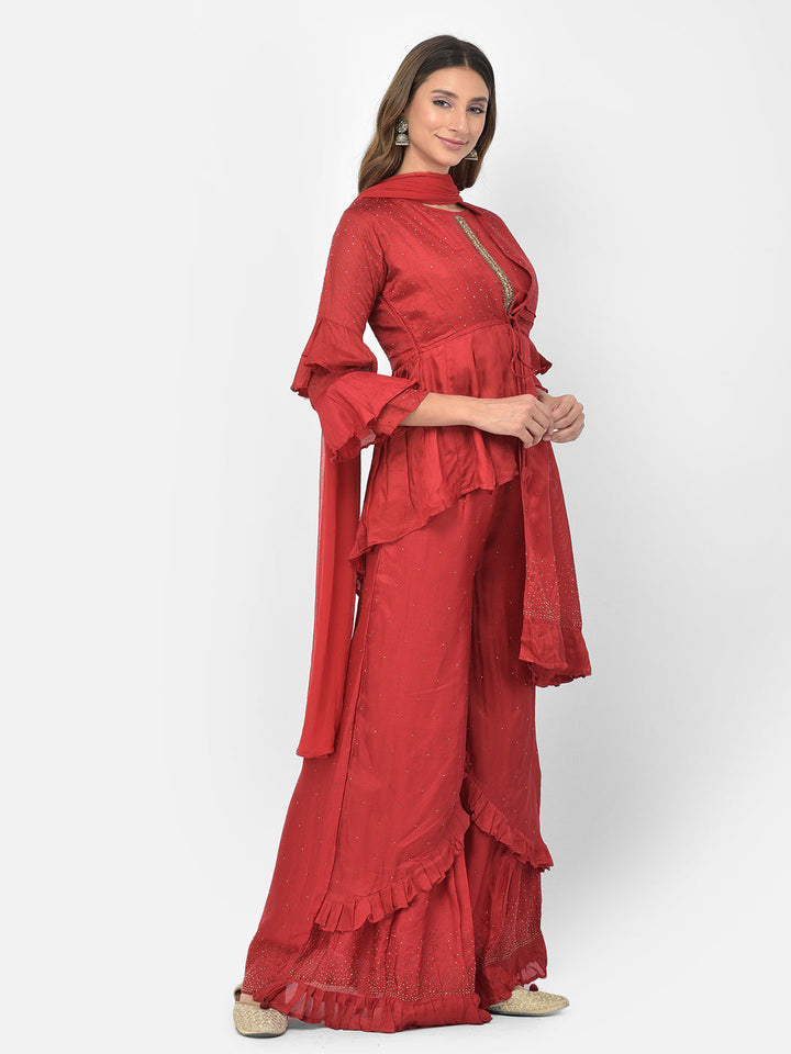 Neerus Maroon silk embellished co-ord set with jacket - detail view 2