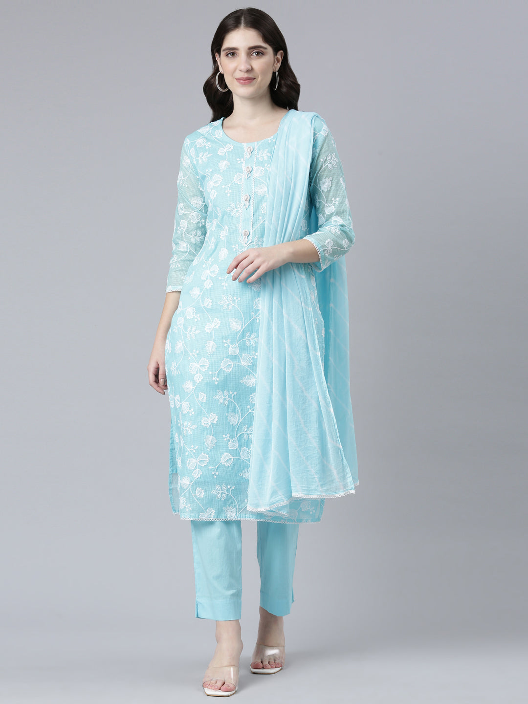 Neerus Blue Chanderi Embroidered Kurta Set - front view