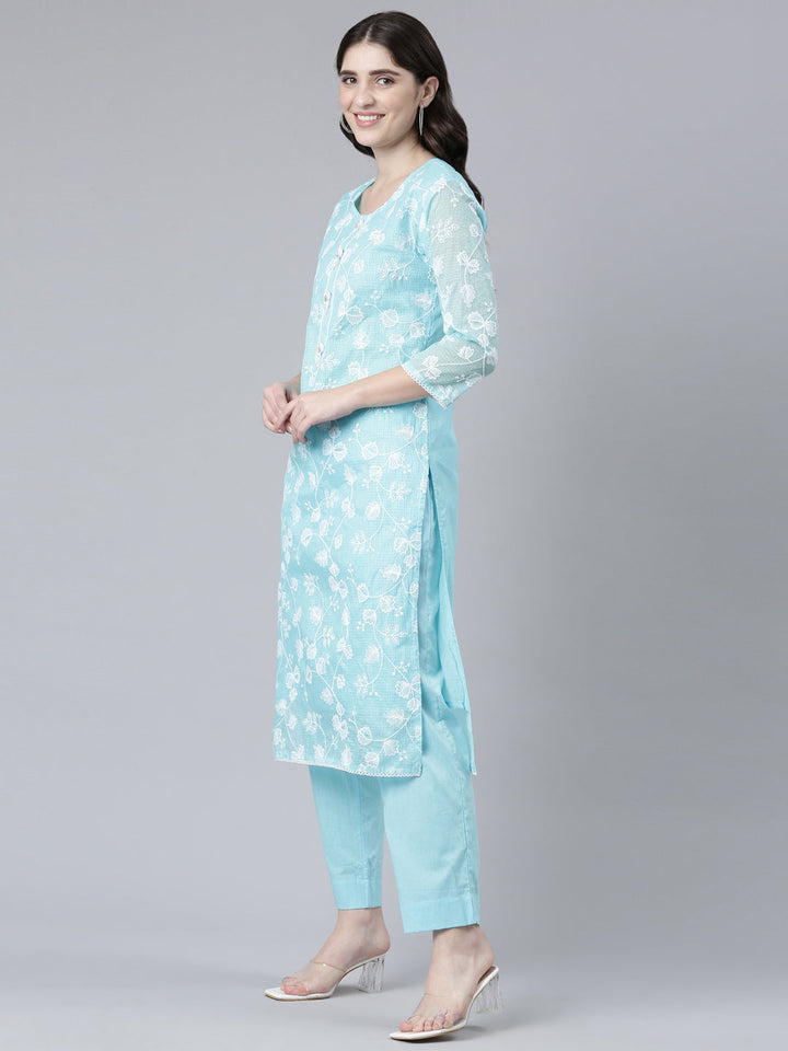 Neerus Blue Chanderi Embroidered Kurta Set - back view