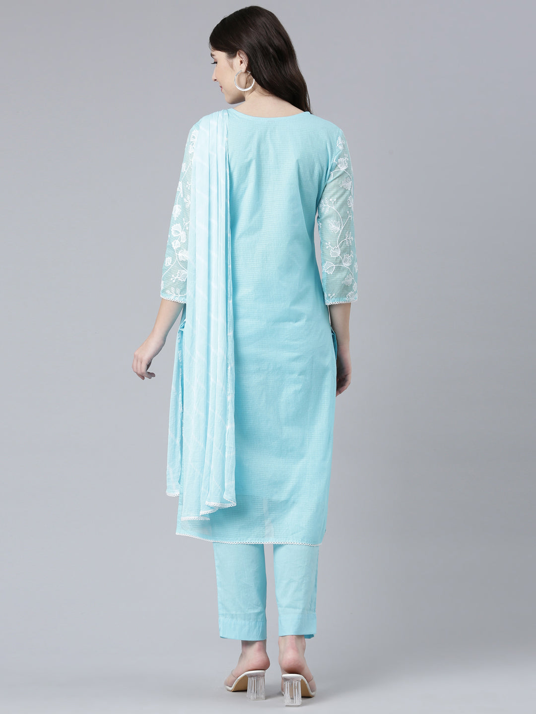Neerus Blue Chanderi Embroidered Kurta Set - side view
