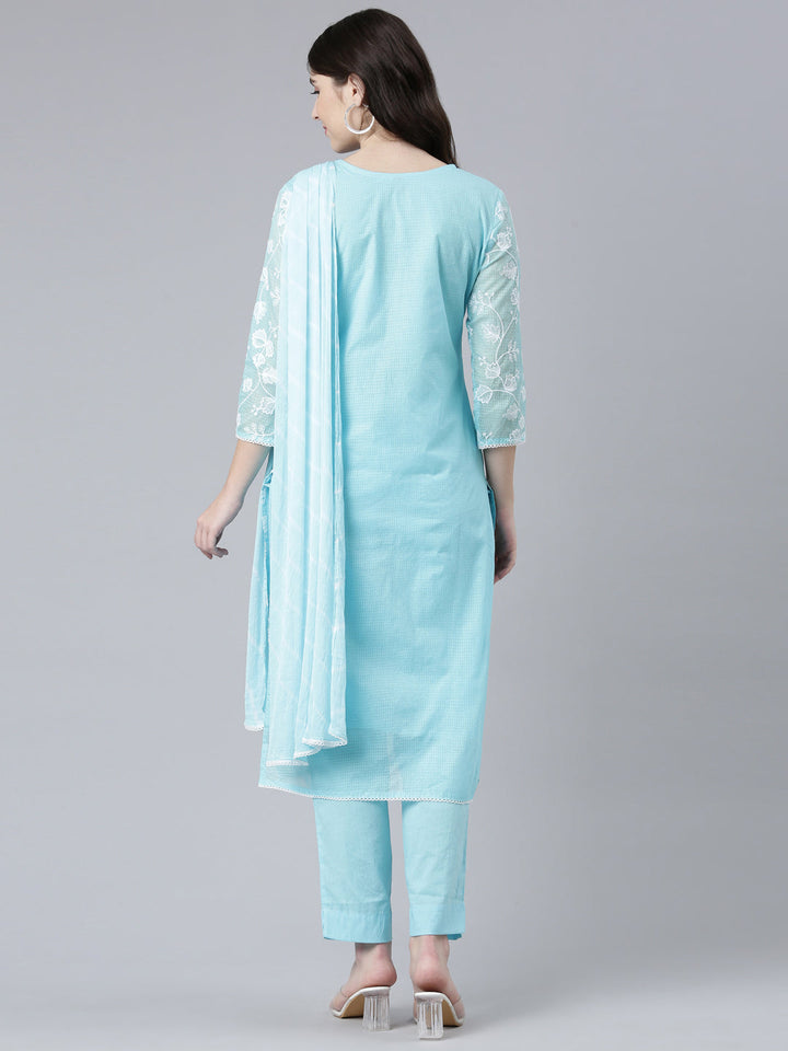 Neerus Blue Chanderi Embroidered Kurta Set - side view