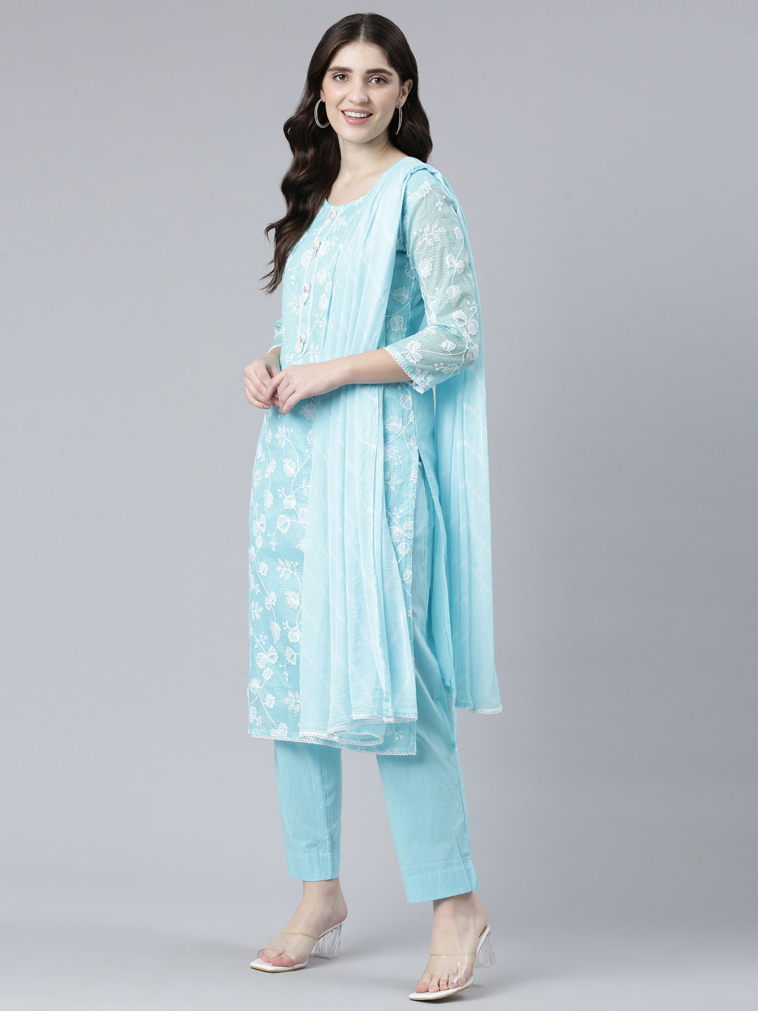 Neerus Blue Chanderi Embroidered Kurta Set - detail view 2