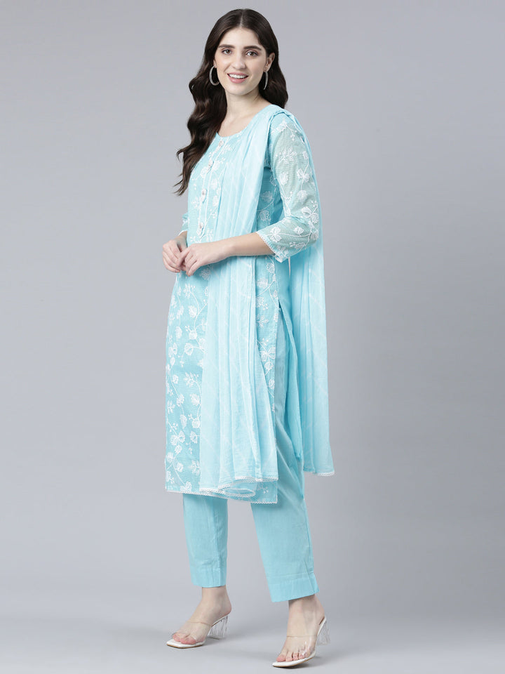 Neerus Blue Chanderi Embroidered Kurta Set - detail view 2
