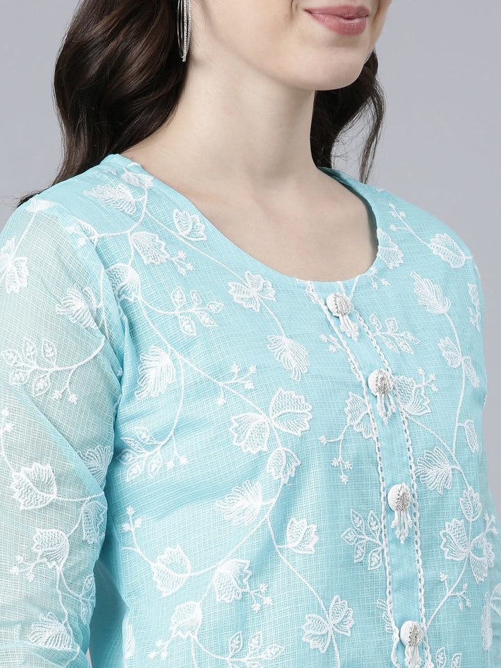 Neerus Blue Chanderi Embroidered Kurta Set - detail view 1