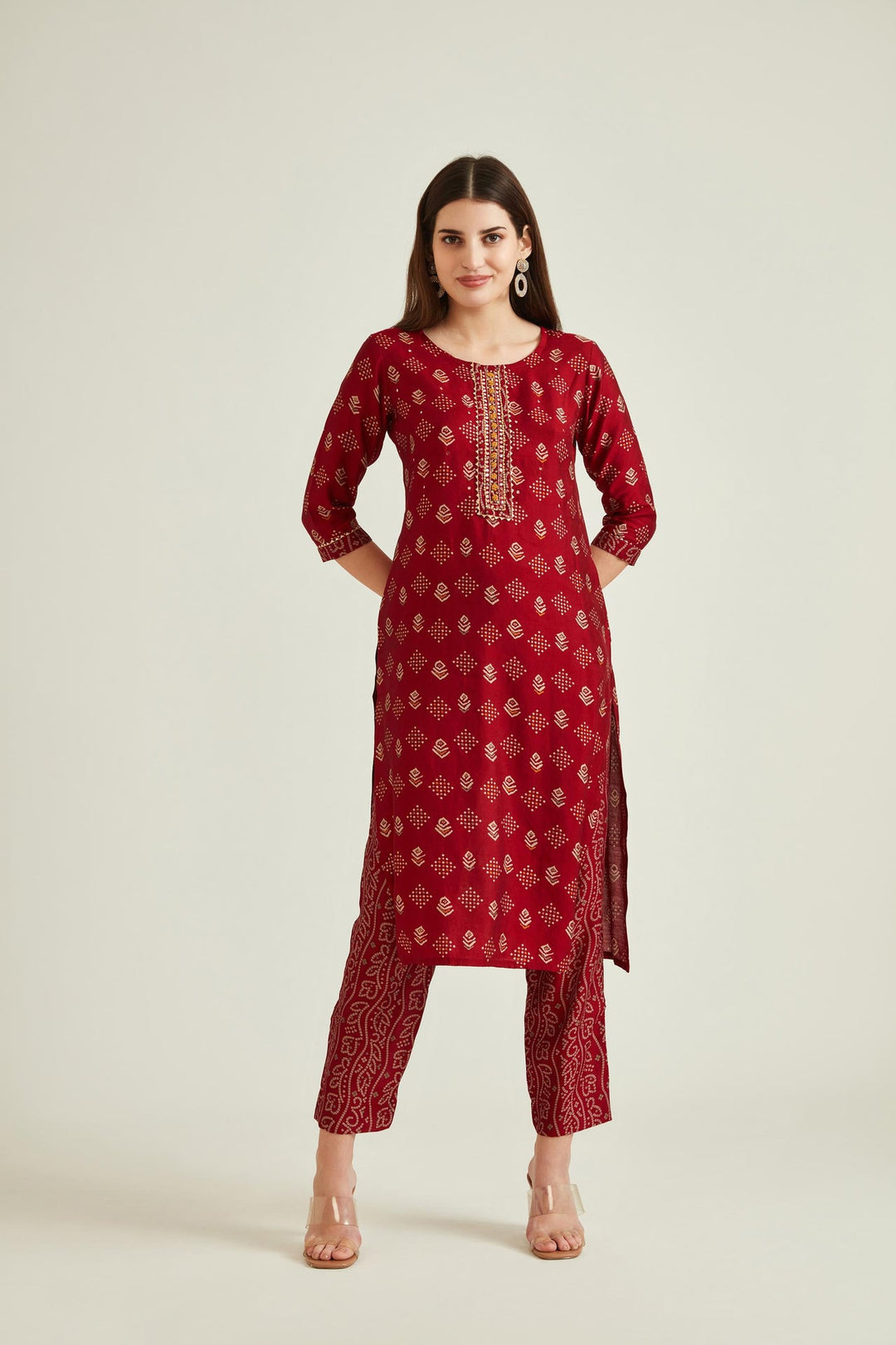 Neerus Maroon muslin mirror work kurta set - detail view 1