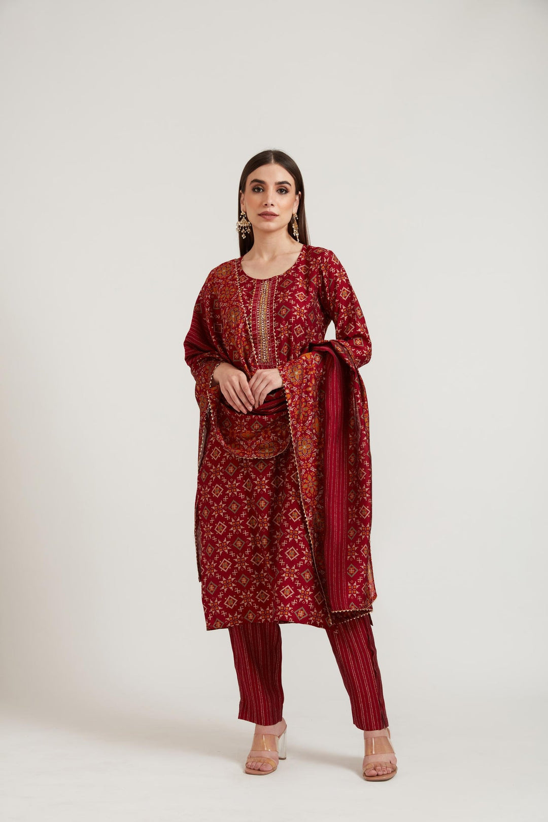 Neerus Maroon muslin printed suit set - front view