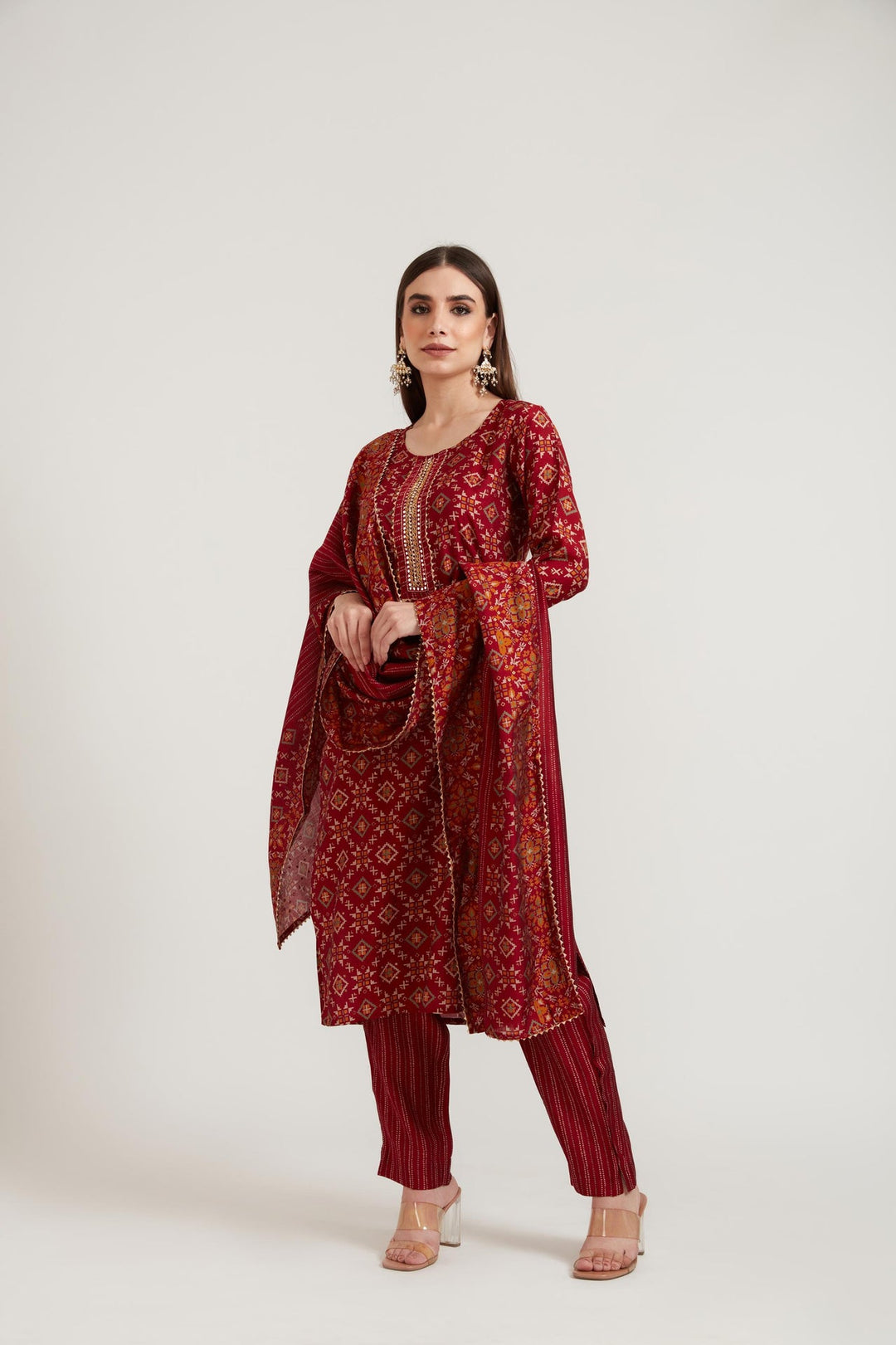 Neerus Maroon muslin printed suit set - back view
