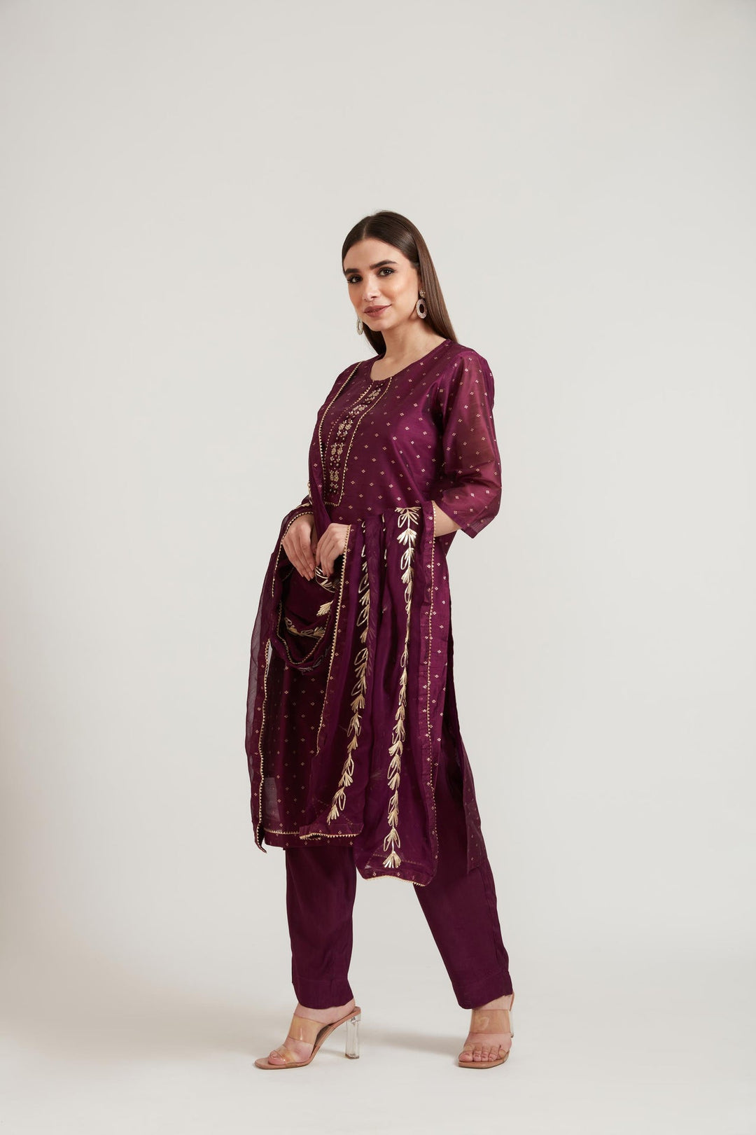 Neerus Purple Chanderi printed suit set - side view