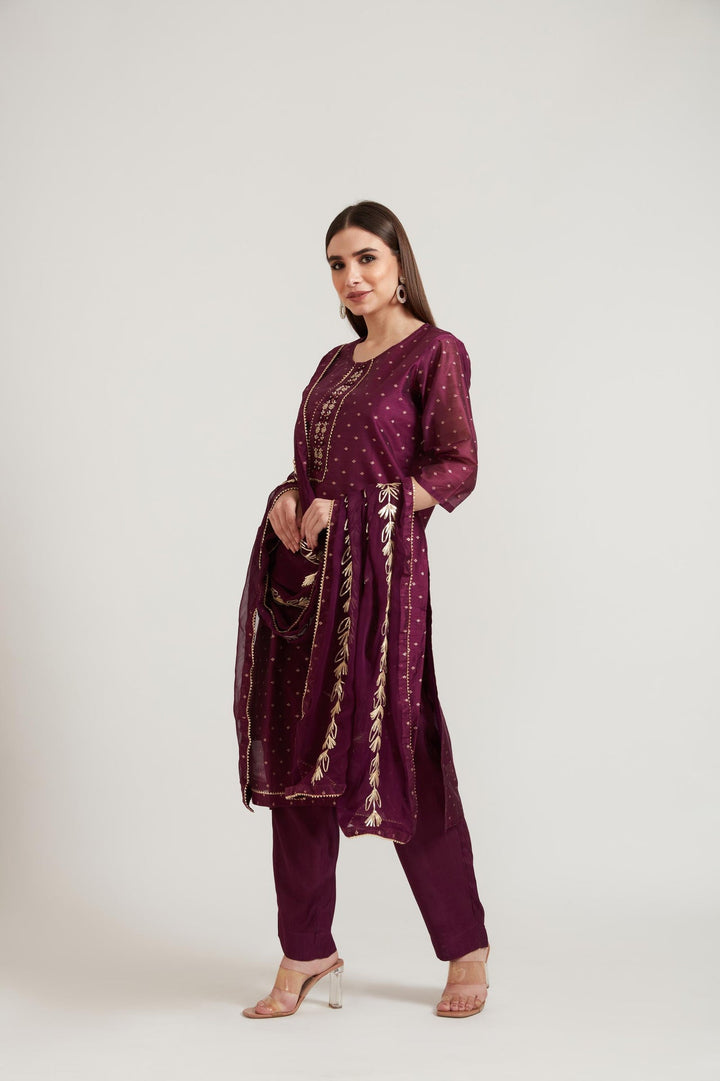 Neerus Purple Chanderi printed suit set - side view