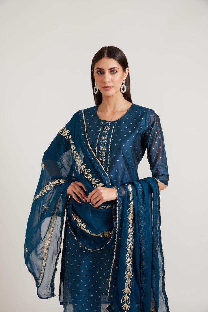 Neerus Blue Chanderi printed suit set - front view