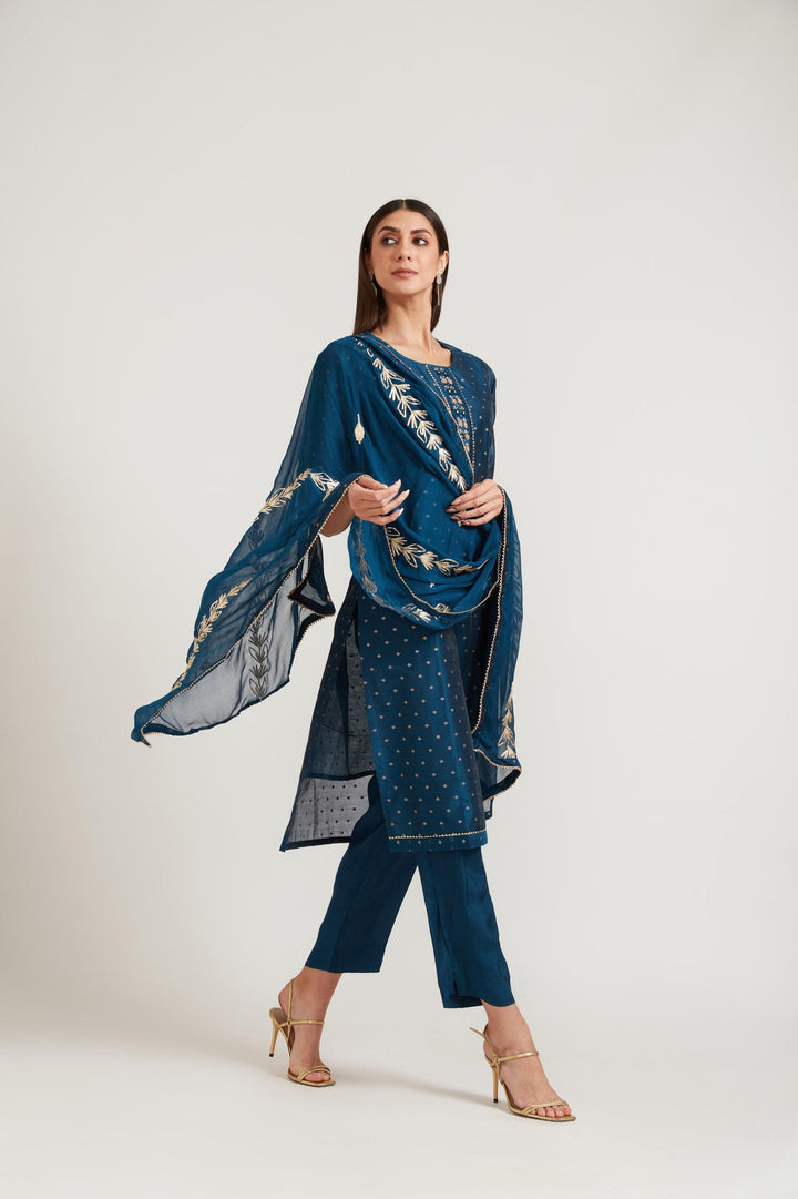 Neerus Blue Chanderi printed suit set - side view