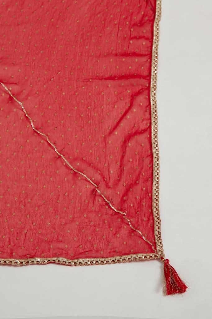 Neerus Red printed ethnic suit set with trouser and dupatta - detail view 4