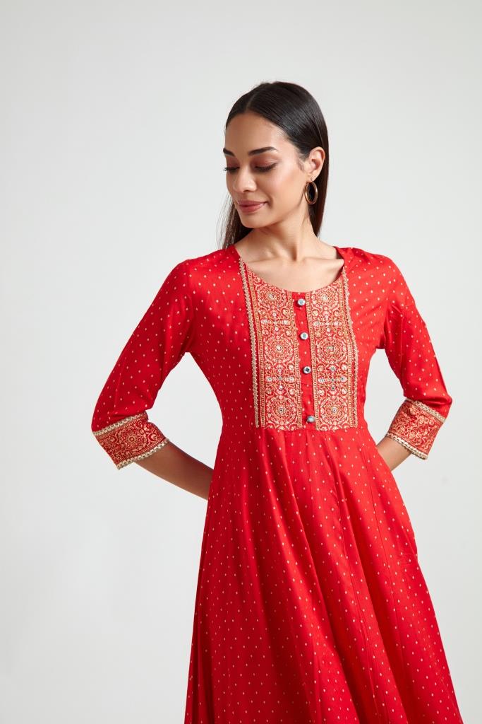 Neerus Red printed ethnic suit set with trouser and dupatta - detail view 1