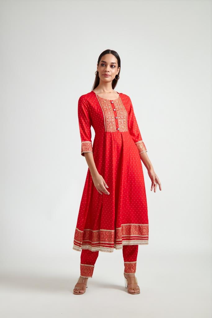 Neerus Red printed ethnic suit set with trouser and dupatta - back view