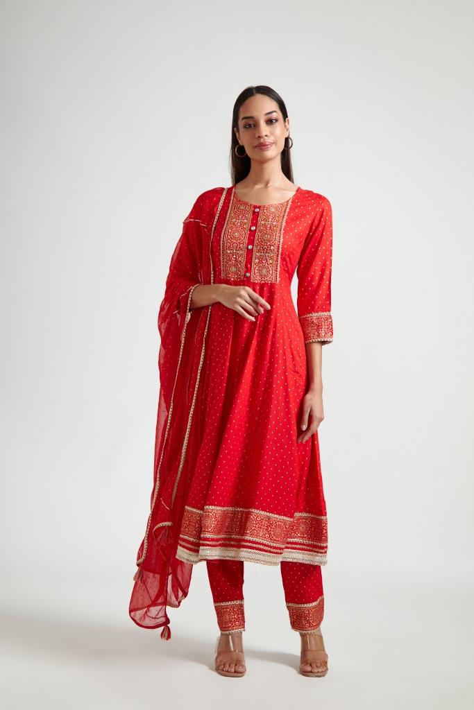 Neerus Red printed ethnic suit set with trouser and dupatta - front view