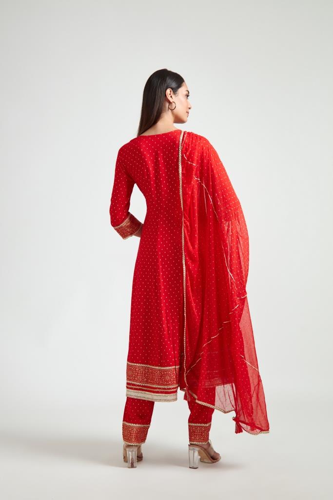 Neerus Red printed ethnic suit set with trouser and dupatta - side view