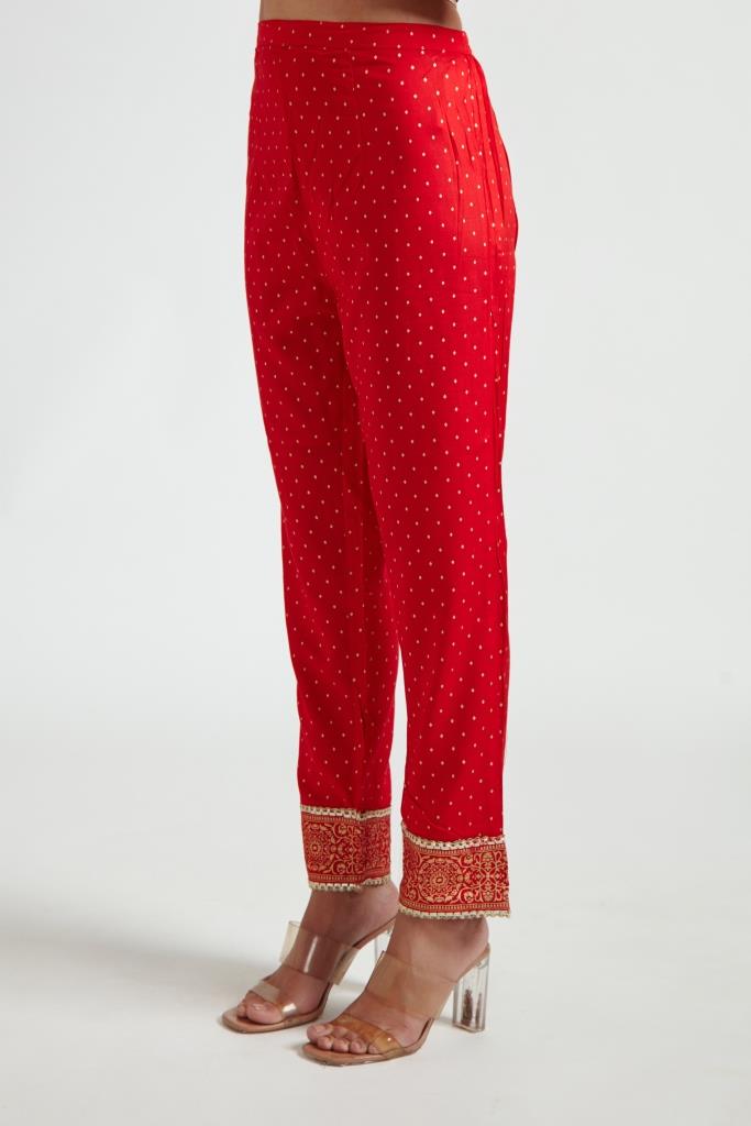 Neerus Red printed ethnic suit set with trouser and dupatta - detail view 3