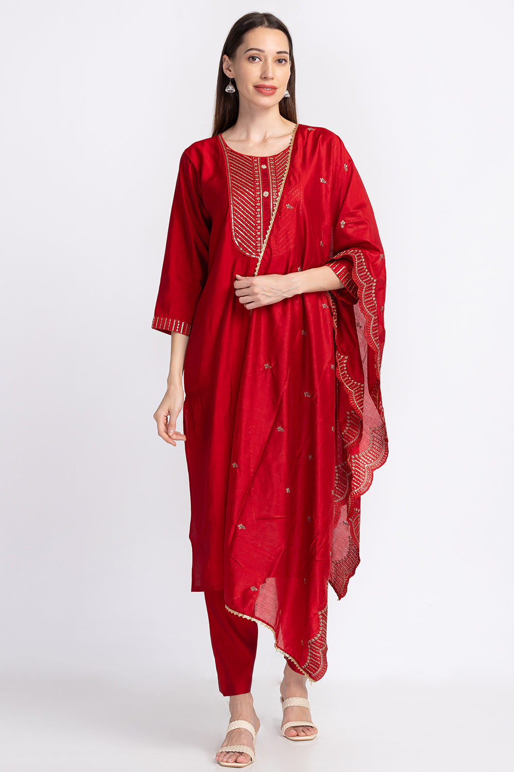 Neerus Muslin embellished panelled suit set - front view