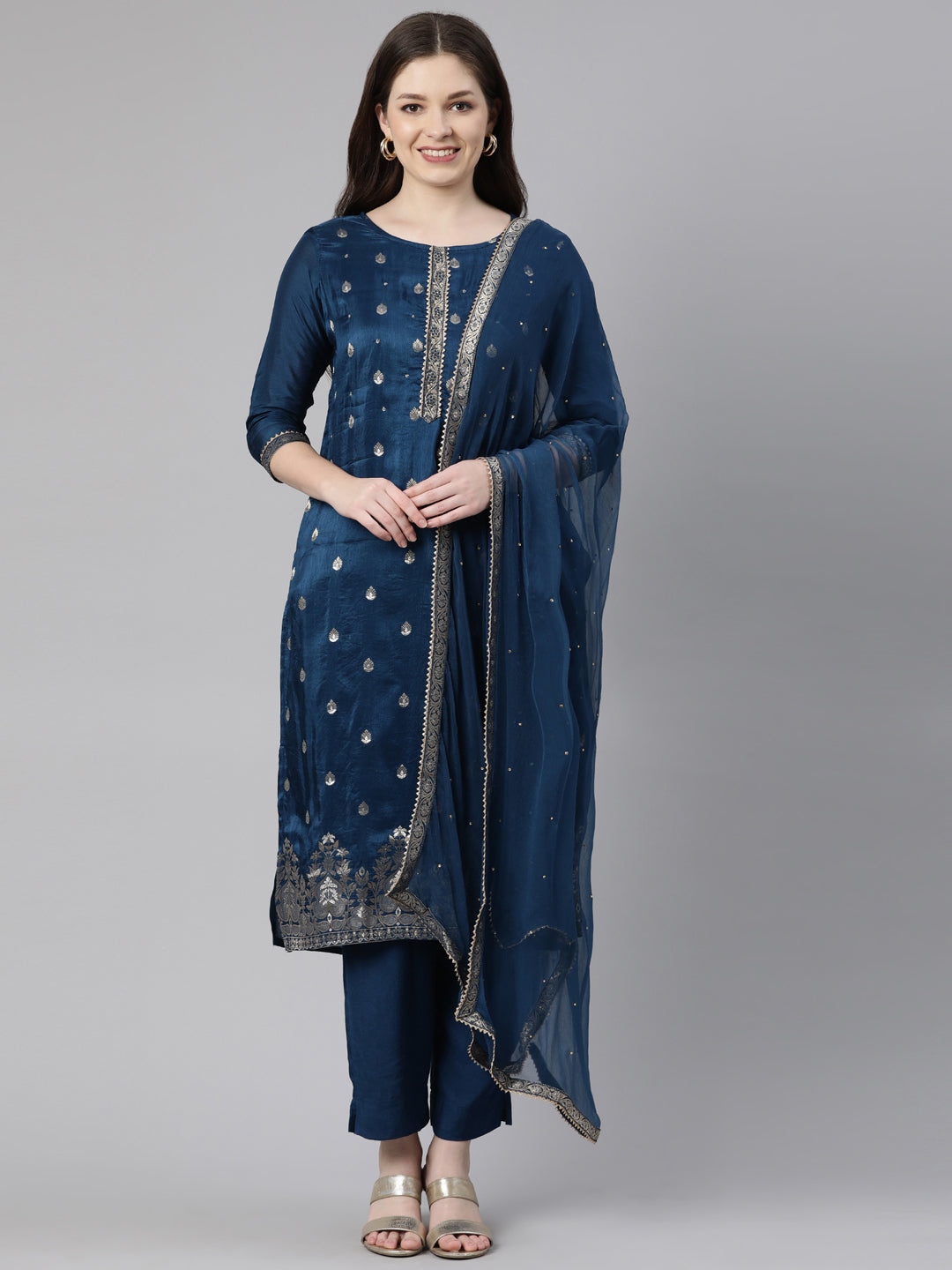 Neerus Blue printed straight suit set - front view